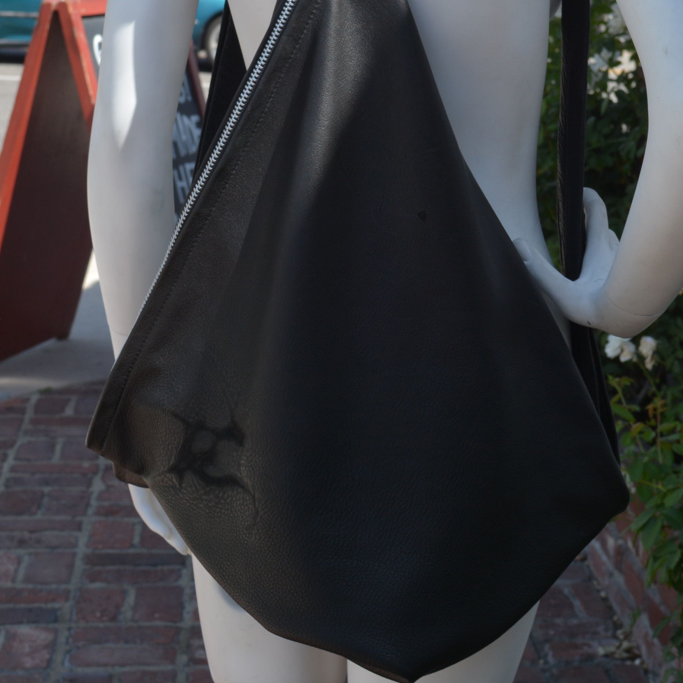 Black Cowhide Leather Fold Over Triangle Sling Backpack Bag Large